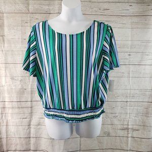 No Comments‎ Womens Top Sz 3X Green Blue Striped Elastic Waist
